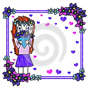 Handmade greeting card. Children`s drawing simulation. Girl holds bouquet of blue flowers White background.