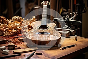 Handmade Guitar in the Workshop: A crafted guitar meticulously made by hand
