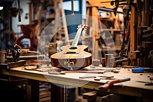 Handmade Guitar in the Workshop: A guitar meticulously crafted by hand