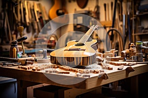 Handmade Guitar in the Workshop: An intricately crafted guitar fashioned by skilled hands