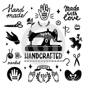 Handmade and handcrafted vector icons set - vintage elements in stamp style, sewing machine and hand made letterings