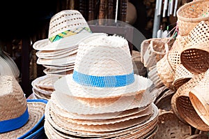 Handmade hats woven from bamboo hats arrangement on market