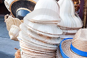 Handmade hats woven from bamboo hats arrangement on market