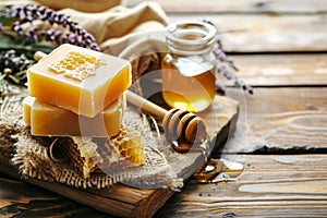Handmade honey soap bars on honeycomb with a jar and fresh lavender flowers on a rustic wooden table background, organic