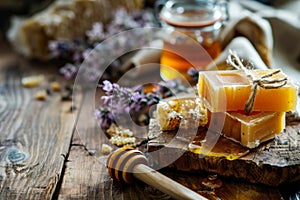 Handmade honey soap bars with a jar, honeycomb and fresh lavender flowers on a rustic wooden table background, natural