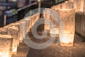 Handmade japanese rice paper lanterns illuminating the steps of