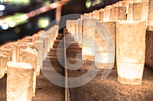 Handmade japanese rice paper lanterns illuminating the steps of