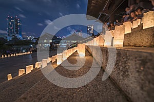 Handmade japanese rice paper lanterns illuminating the steps of