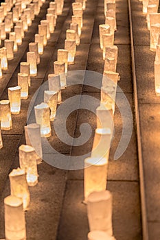 Handmade japanese washi paper lanterns illuminating the steps of