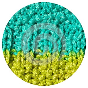 Handmade knitted fabric blue and green yellow wool background texture