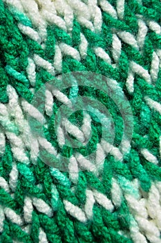 Handmade knitted fabric green and white wool background texture