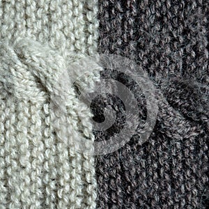 Handmade knitted fabric grey white wool background texture