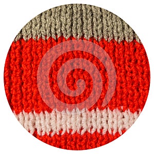 Handmade knitted fabric red white and grey wool background texture