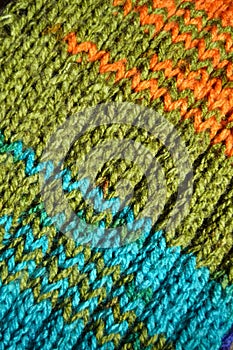 Handmade knitted fabric turquoise and green wool background texture