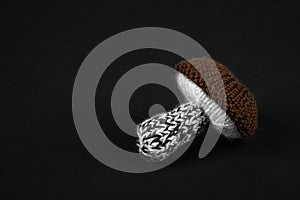 handmade knitted mushrooms isolated on black background