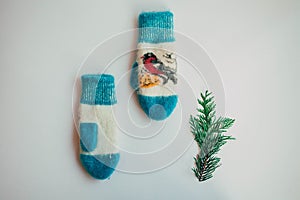 Handmade knitted socks for the cold season. View from above. Many different blue color socks.