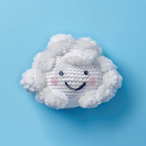 Handmade knitted toy smiling cloud on a blue background, top view