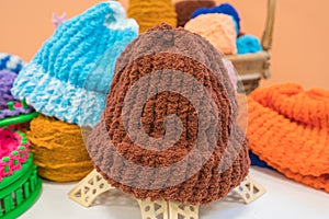 Handmade knitted wool hat for winter hobbies of housewives