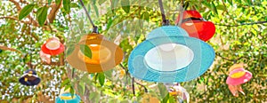 Handmade lampshades background. Cafe outside decor. Original multi-colored lampshades hanging on tree. Green tree