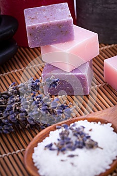 Handmade lavender soap and bath salt wellness spa