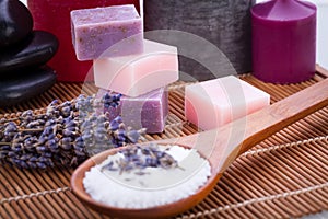 Handmade lavender soap and bath salt wellness spa