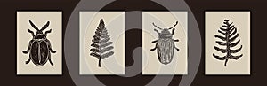 Handmade linocut bug fern vector motif clipart in folkart scandi style. Set of simple monochrome block print insect