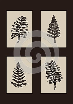 Handmade linocut fern motif clipart in folkart scandi style. Set of simple monochrome block print leaf shapes with