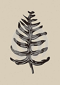 Handmade linocut fern motif clipart in folkart scandi style. Simple monochrome block print leaf shapes with woodcut