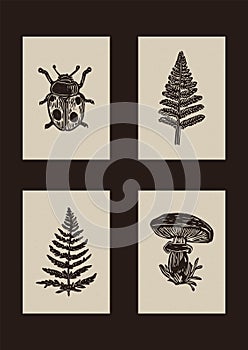 Handmade linocut mushroom bug vector motif clipart in folkart scandi style. Set of simple monochrome block print fern