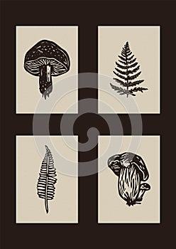 Handmade linocut mushroom fern motif vector clipart in folkart scandi style. Set of simple monochrome block print fern