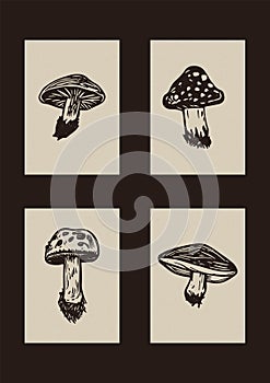 Handmade linocut mushroom vector motif clipart in folkart scandi style. Set of simple monochrome block print shapes with