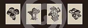 Handmade linocut mushroom vector motif clipart in folkart scandi style. Set of simple monochrome block print shapes with