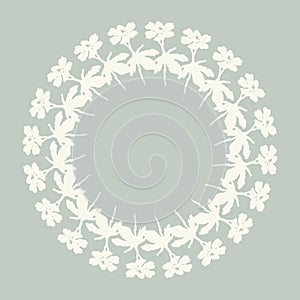 Handmade linocut organic pressed floral vector wreath in whimsical scandi style. Folkart natural woodland frame with