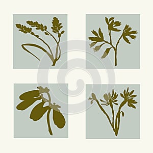 Handmade linocut pressed floral set vector motif clipart in whimsical scandi style. Folkart simple block print sprig