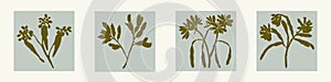 Handmade linocut pressed floral set vector motif clipart in whimsical scandi style. Folkart simple block print sprig photo