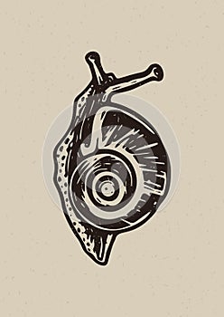 Handmade linocut snail vector motif clipart in folkart scandi style. Simple monochrome bug block print shapes with photo