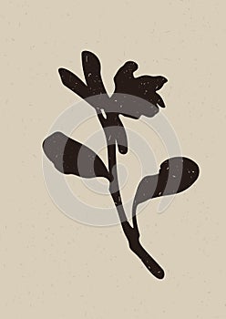 Handmade linocut wildflower sprig vector motif clipart in folkart scandi style. Simple monochrome block print shapes