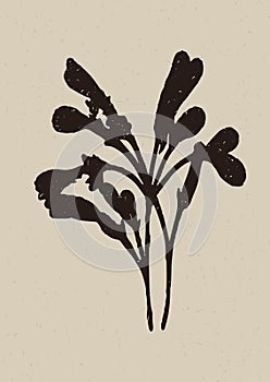 Handmade linocut wildflower sprig vector motif clipart in folkart scandi style. Simple monochrome block print shapes