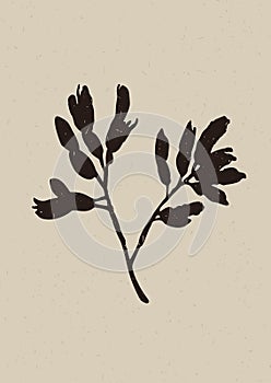 Handmade linocut wildflower sprig vector motif clipart in folkart scandi style. Simple monochrome block print shapes