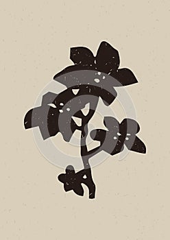 Handmade linocut wildflower sprig vector motif clipart in folkart scandi style. Simple monochrome block print shapes