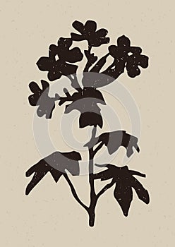 Handmade linocut wildflower sprig vector motif clipart in folkart scandi style. Simple monochrome block print shapes