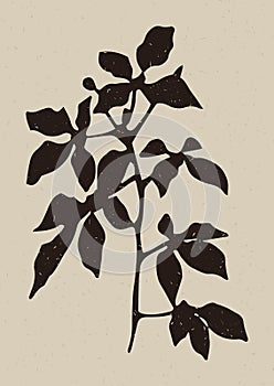 Handmade linocut wildflower sprig vector motif clipart in folkart scandi style. Simple monochrome block print shapes photo