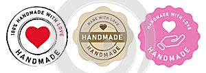 Handmade with love handcrafted product icon emblem label set with heart shape design in red pink and brown