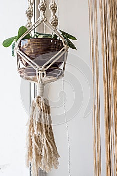 Handmade macrame for flowers in the interior of the concept