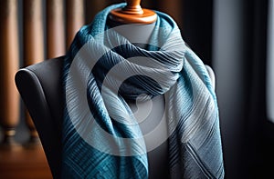 Handmade man scarf elegantly draped on clothing mannequin, emphasizing the beauty and functionality of personally photo