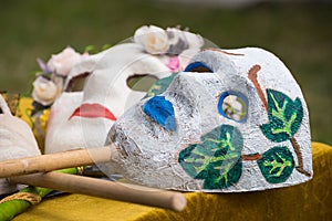 Handmade medieval carnival Papier-mÃ¢chÃ© masks, craftstmanship