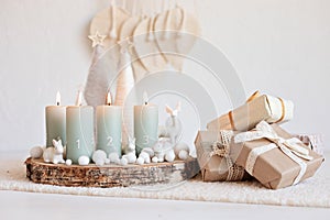 Handmade modern advent wreath with four candles