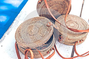 Handmade natural organic rattan handbag. Tropical island of Bali. Eco-bag concept. Ecobags from Bali.