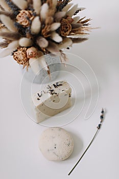 Handmade natural soap bars on white background. Soap making. copyspace, flat lay, top view