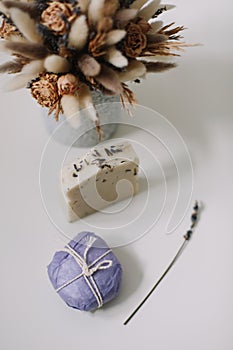 Handmade natural soap bars on white background. Soap making. copyspace, flat lay, top view